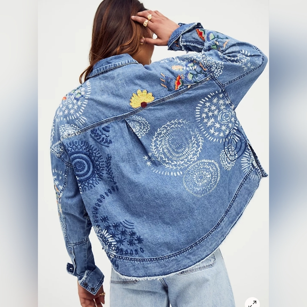 Marrakesh Free People Embroidered Denim Top Jacket NWT Boho Hippie Funky Boxy - Picture 2 of 14